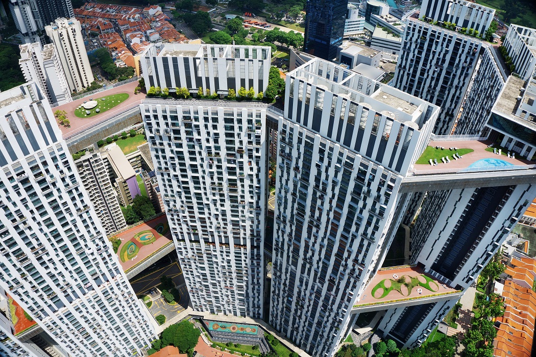 Aerial view of The Pinnacle@Duxton, and its 50th-storey skybridge